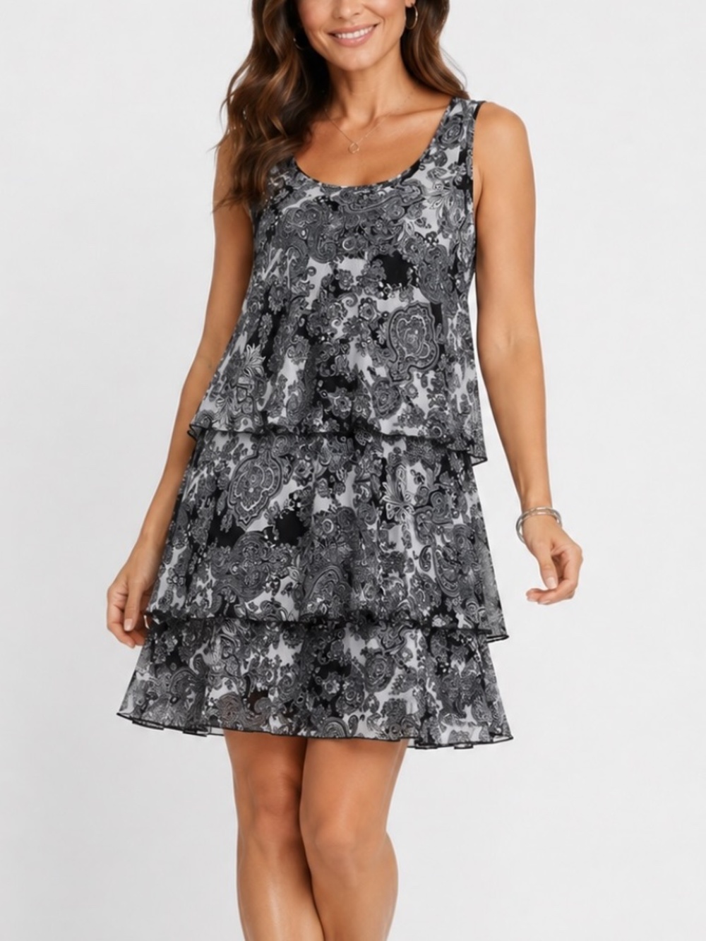 THX Thanx Collection Mini Dress Womens Size Large Black White Chiffon Paisley